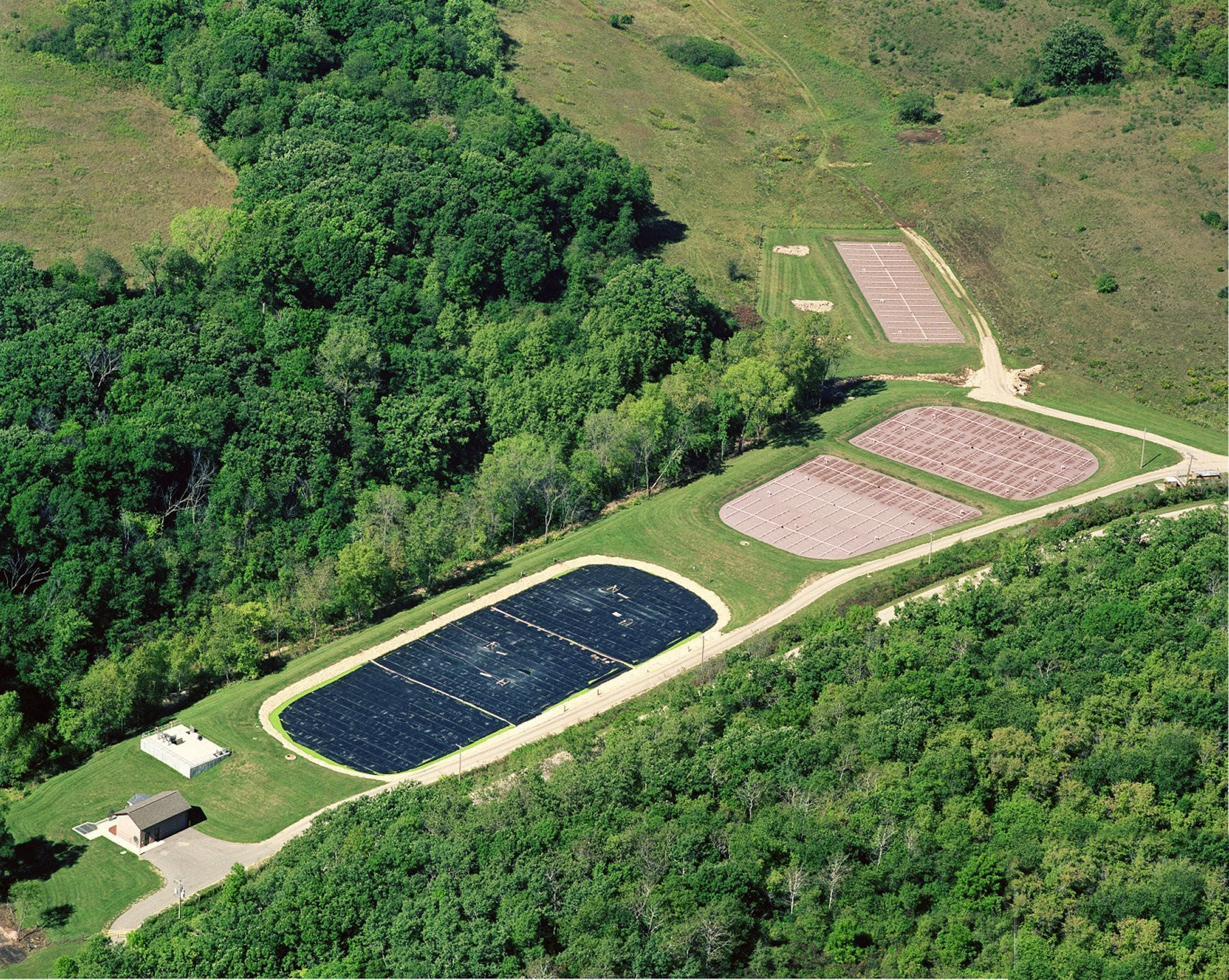 Aerial view of water treatment facility. 
