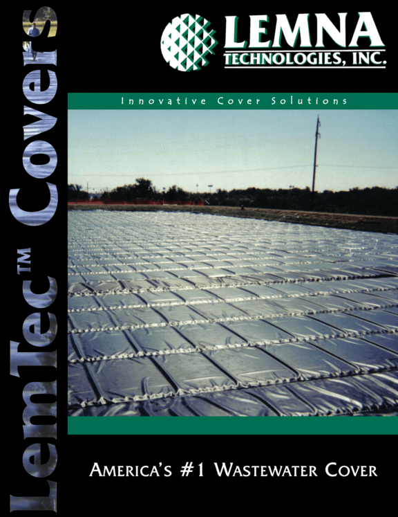 Brochure cover image of Lemna's LemTec Cover solution, a central image of the cover installed on a treatment pond is surrounded by black bars with the text LemTec Covers, a white Lemna Technologies logo, Innovative Cover Solutions, and Ameria's #1 Wastewater Cover