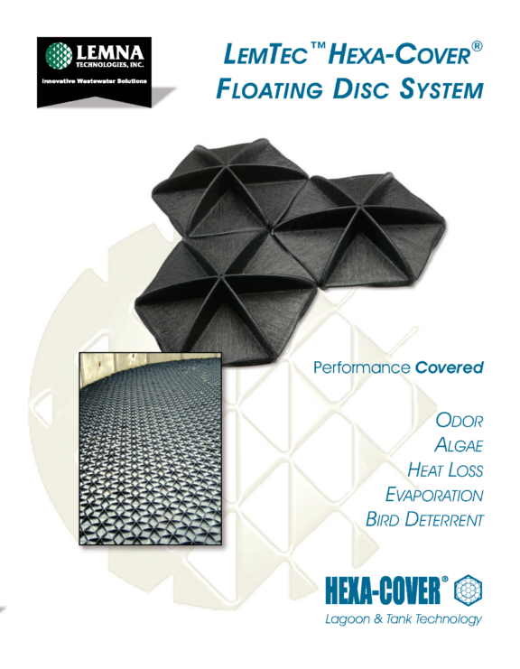Lemna branded document highlighting the LemTech Hexa-cover floating disc system featuring three interlocked hexagon pieces of black plastic to demonstrate performance benefits including odor, algae, heat loss, evaporation, and bird deterrence