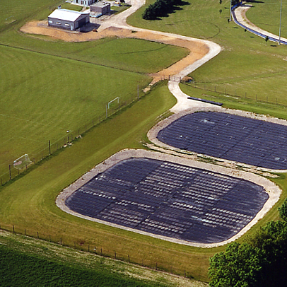 An aerial view of a water treatment facility