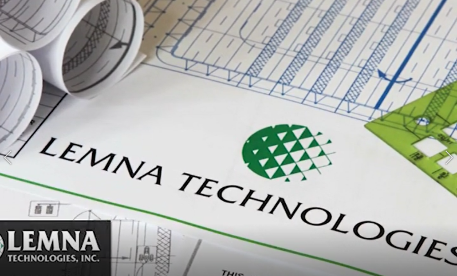Lemna Technologies logo with brand name under green circle graphic on paper drawings of water treatment systems,