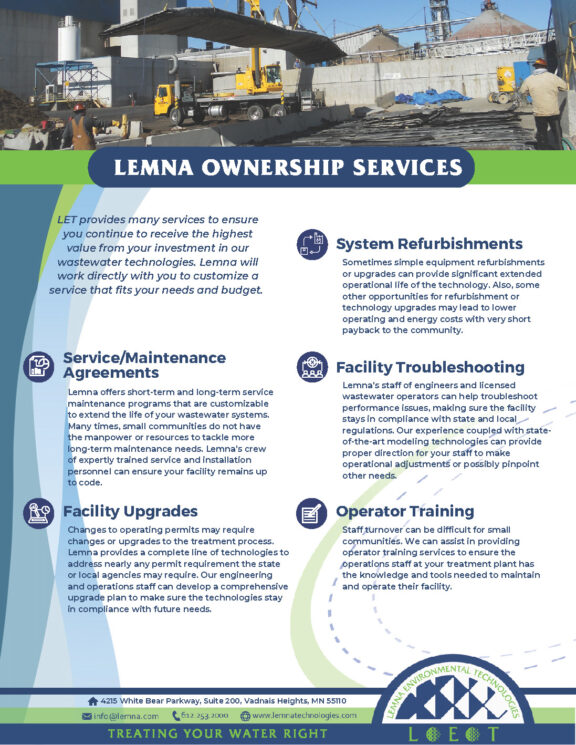 Lemna Branded customer document detailing Lemna Ownership Services including Service / Maintenance Agreements, Facility Upgrades, System Refurbishments, Facility Troubleshooting, and Operator Training