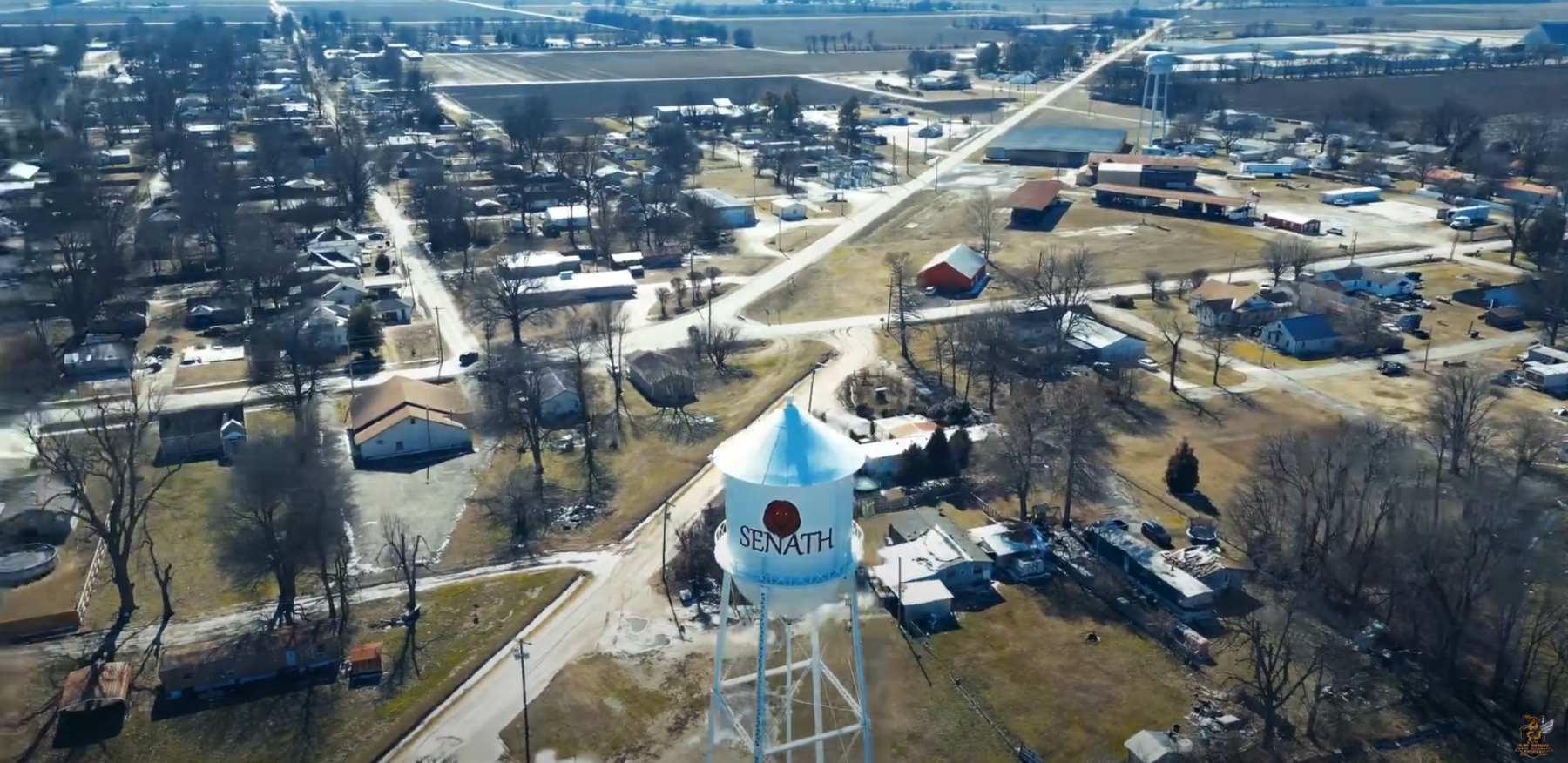 Aerial view of Senath Missouri including a view of the water tower