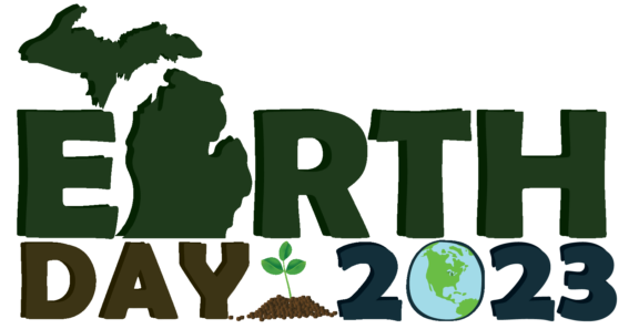 Illustration for Earth Day 2023 with the 'a' in earth in the shape of Michigan, a sprout emerging from soil between the word day and 2023 with the 0 represented by a view of the earth featuring the North America and part of South America