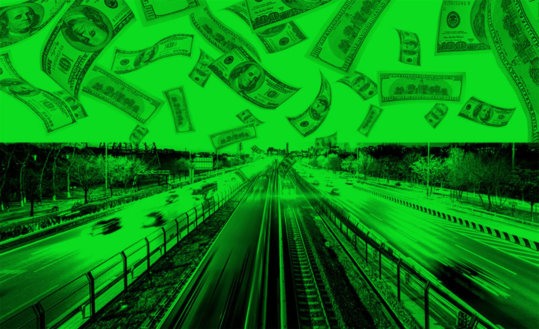 Enhanced photograph of a divided four lane highway with a high speed train rail line between the two lane highways with a slime green overlay and $100 bills floating across the skyline to convey financial spending on infrastructure project for the linked blog article about the Environmental Protection Agency allocating $776 million to clean water funds